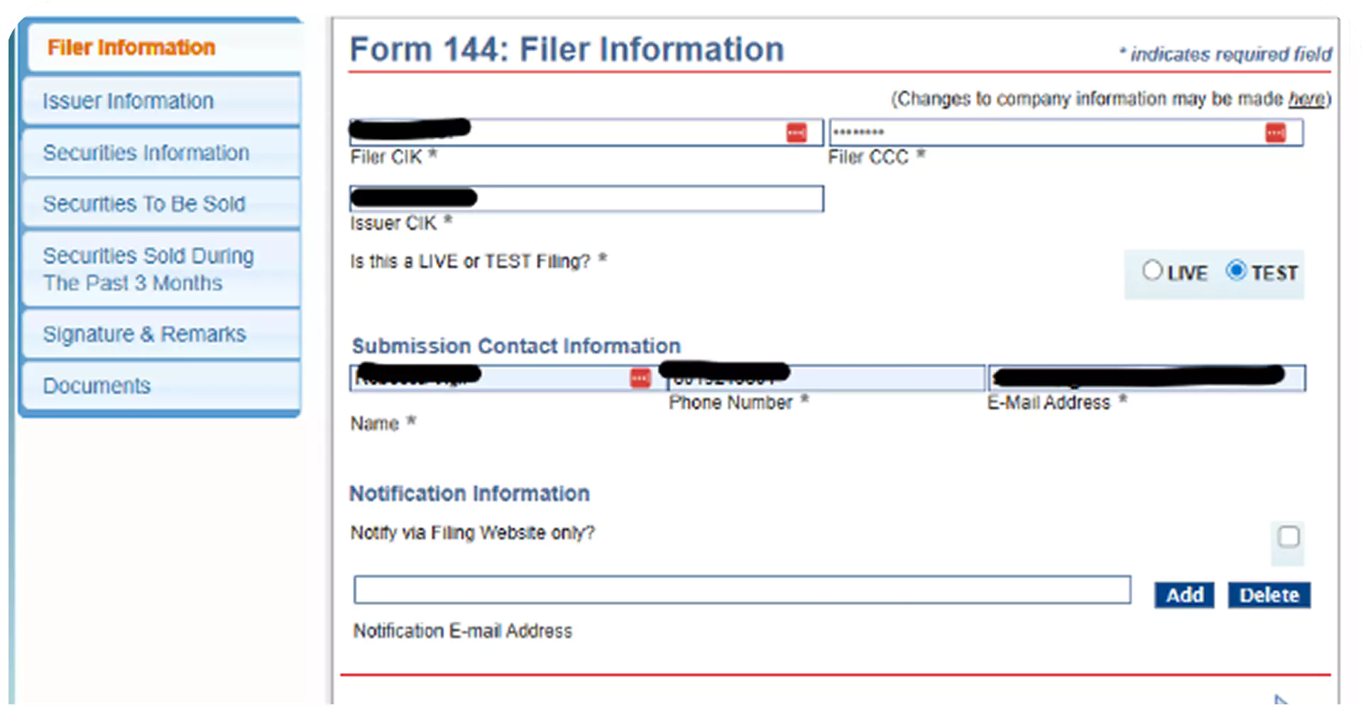 Form 144 Filer Information with auto-population of filer and entities. Fields for CIK, CCC, contact details, and filing type.