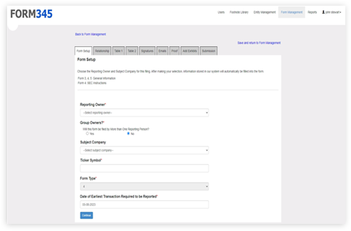 Form Setup page for SEC Form345, showing reporting owner, subject company, and transaction date for Easy Filings