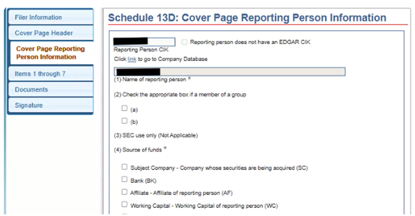Schedule 13D web form for Ownership disclosure, highlighting "Cover Page Reporting Person Information" with fields for CIK, name, and source of funds.