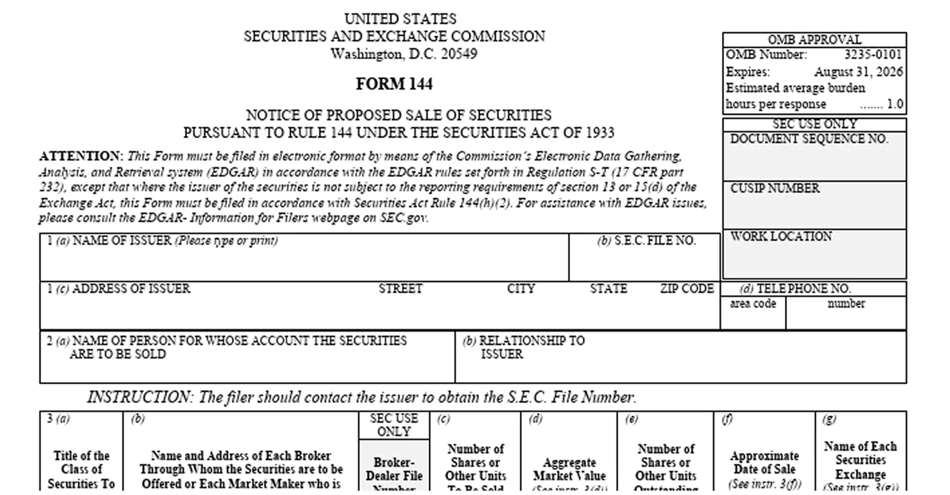Official SEC Form 144 for notice of proposed sale of securities, detailing requirements for Self-filing of Form 144.