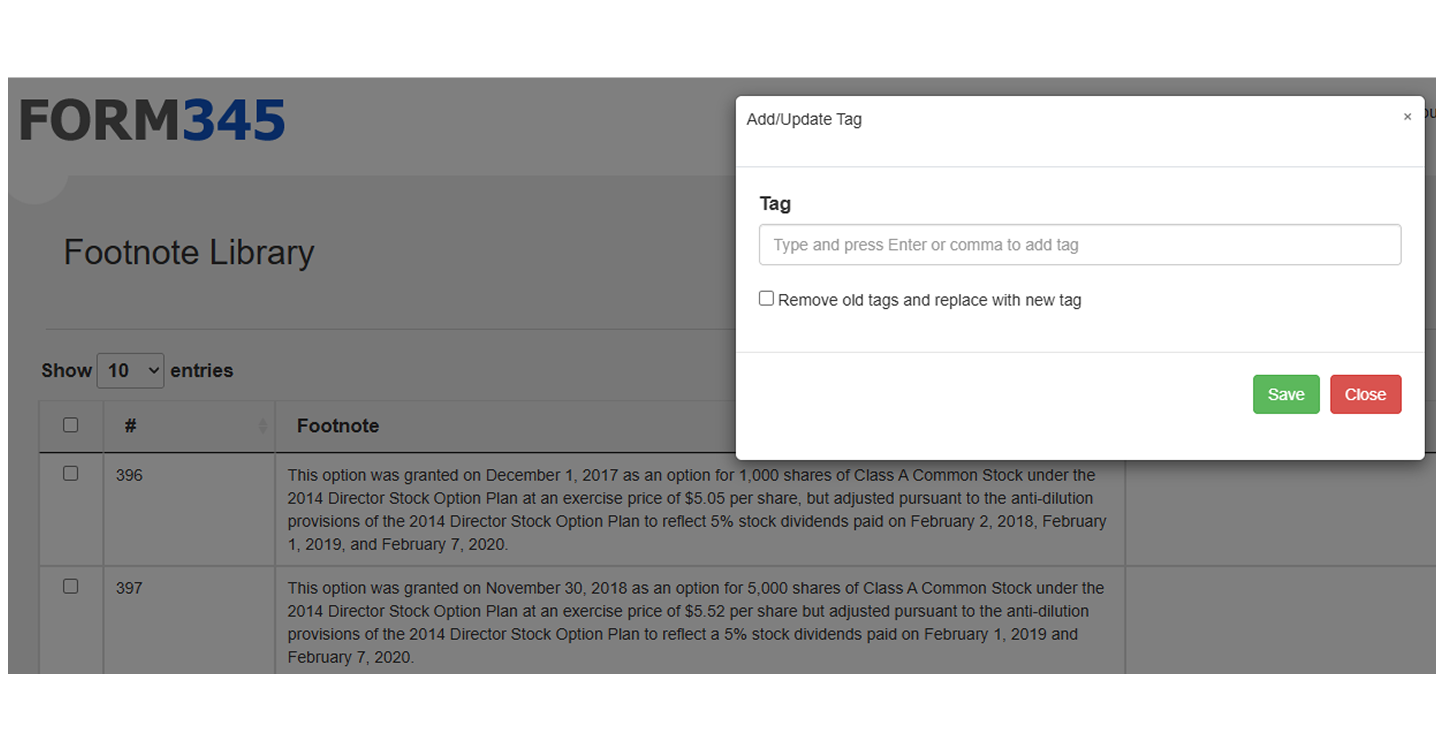 Footnote Library view demonstrating smart tagging with an Add/Update Tag dialog for efficient organization.