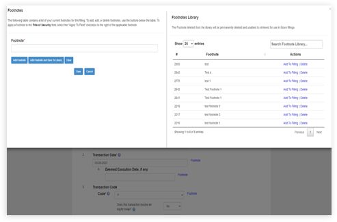 Footnotes library and management system displaying reusable footnotes with add, save, and apply actions for Time-Saving Automation.
