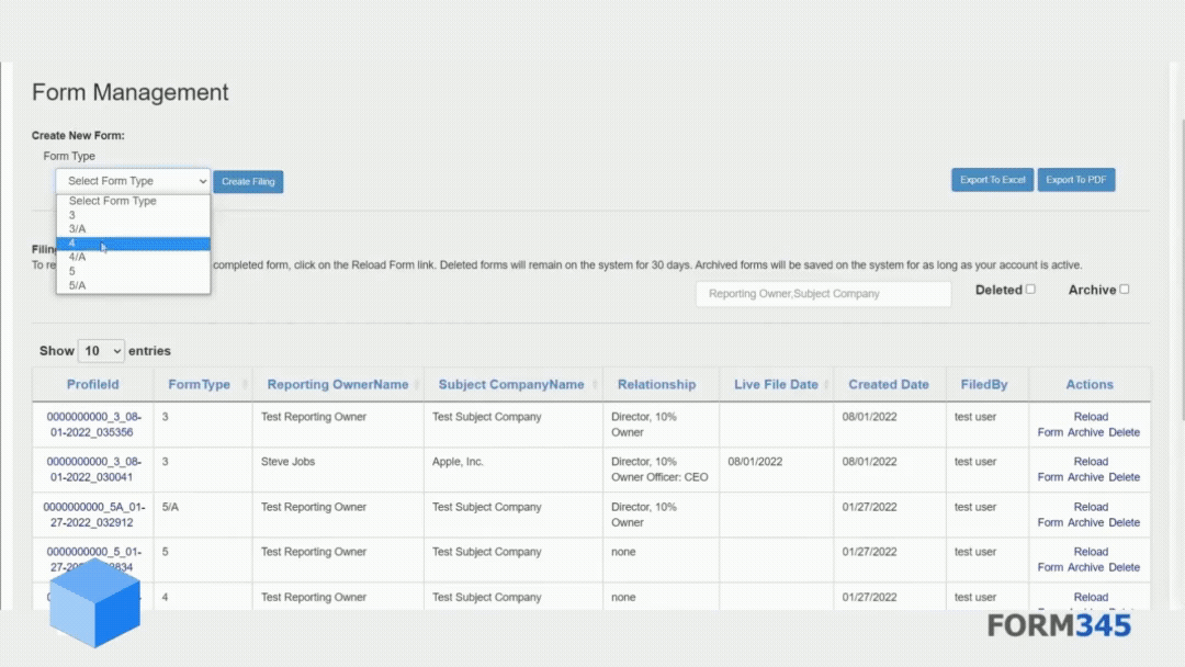 FORM345 web interface showing a preview of Form 4, detailing beneficial ownership changes, including PDF options.