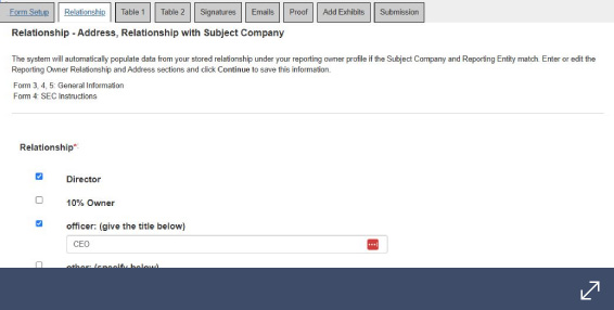 SEC form displaying the Relationship tab with 'Director' and 'CEO' selected for the subject company's relationship.