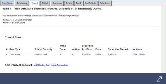 SEC Form 4 data entry for Table 1 showing common stock transaction. Relevant for Table I and II filings.
