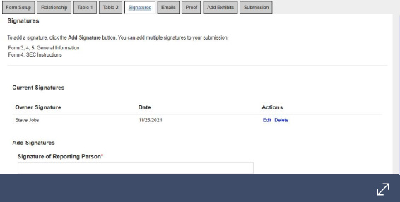 Signatures tab of a web form displaying 'Current Signatures' and 'Add Signatures' field.