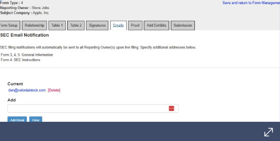 SEC Form 4 email notification setup, displaying current and additional Emails for filing alerts.