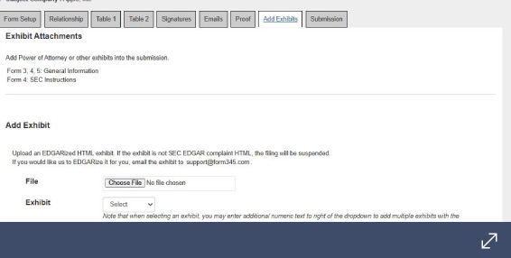Add Exhibits web page showing file upload, exhibit type selection dropdown, and SEC EDGARization instructions.