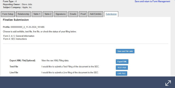 SEC Form 4 submission interface with review and submit options for test, live file, or export XML data.