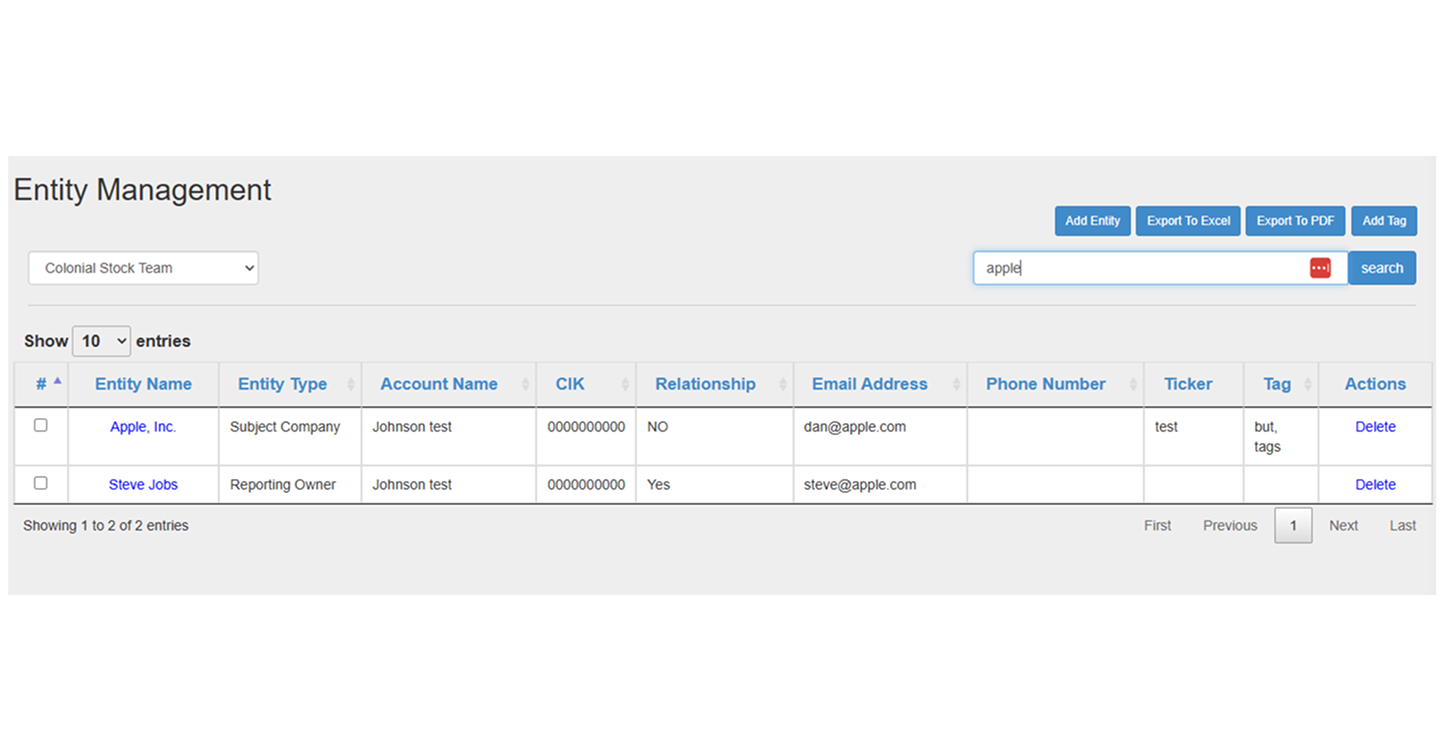 Entity Management dashboard showing Apple, Inc. records. Centralized insider management with search & export.