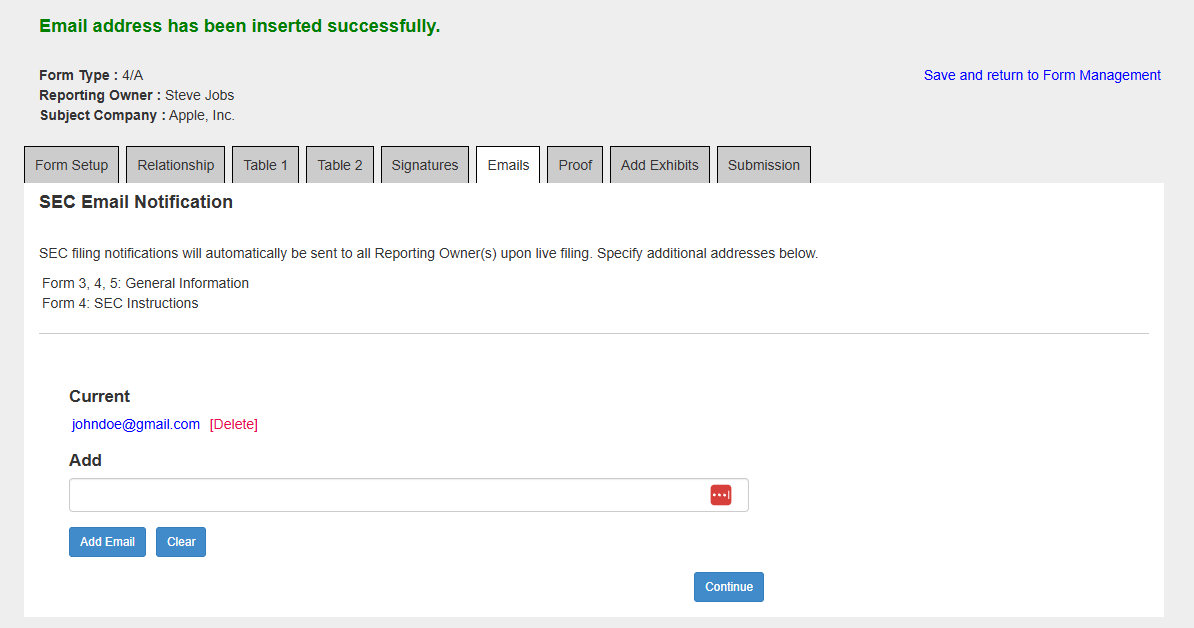 SEC Email Notification setup showing current and new email input for Instant email confirmations.
