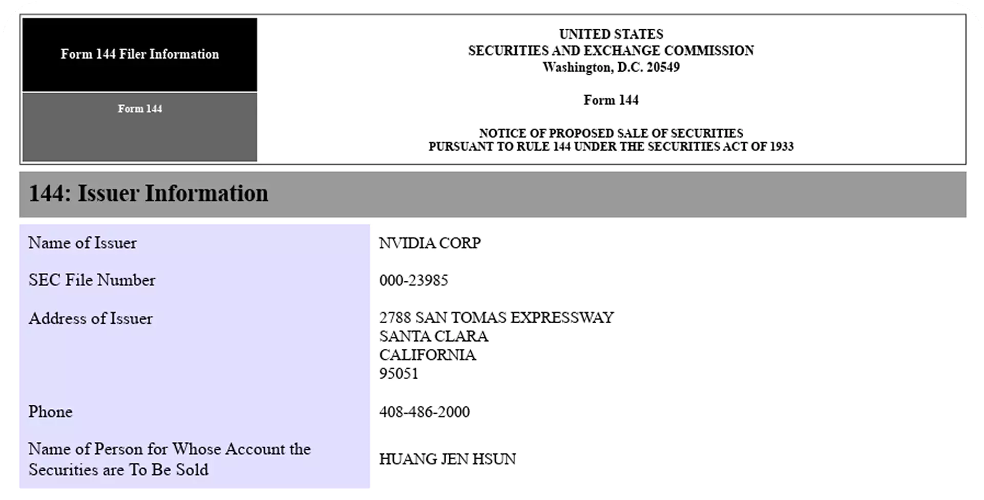 SEC Form 144, detailing issuer information. Essential for printable proofs & audit trails.