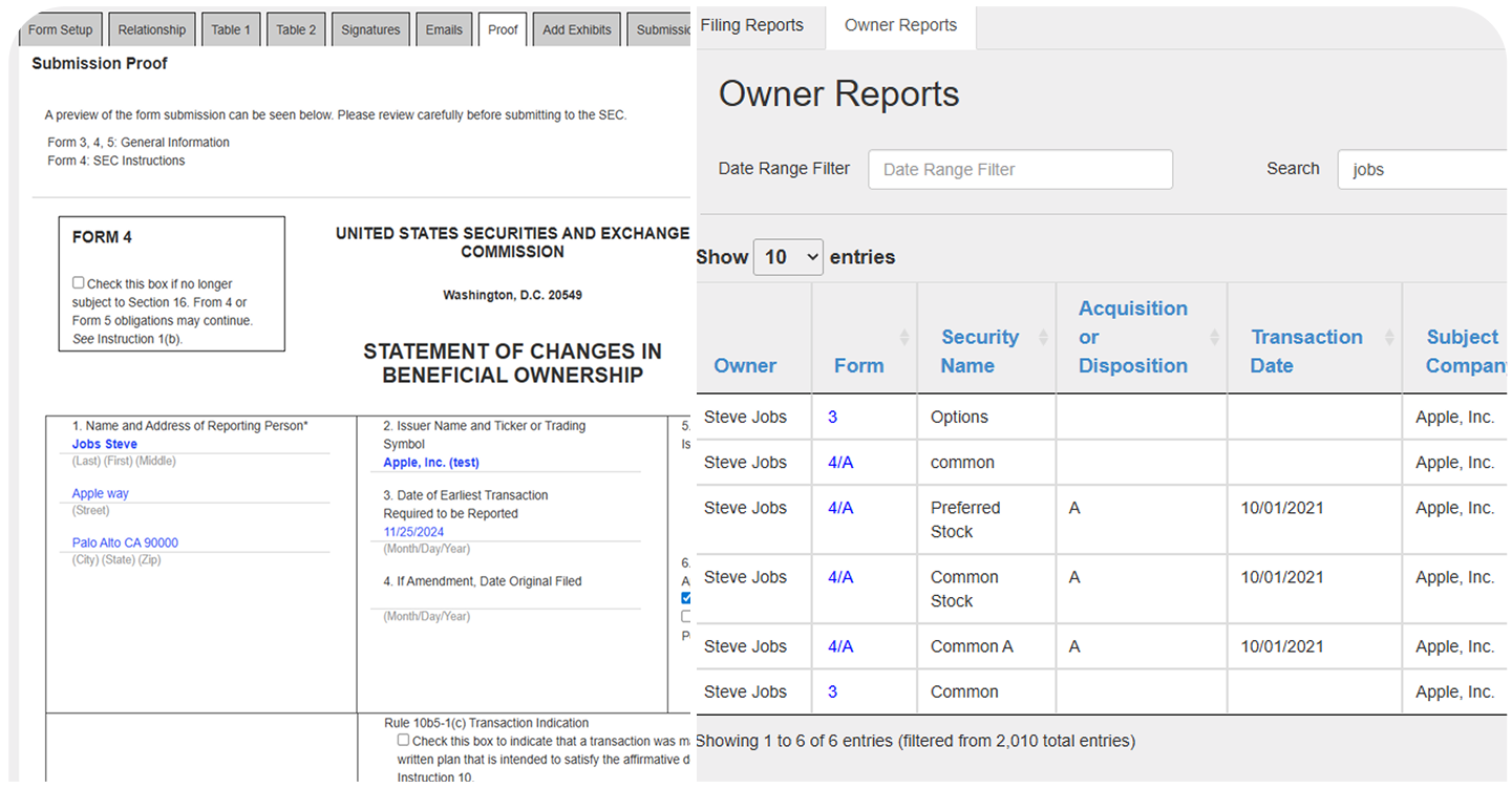 Printable proofs & audit trails of SEC Form 4 submission for Steve Jobs, Apple Inc., and a detailed owner reports table.