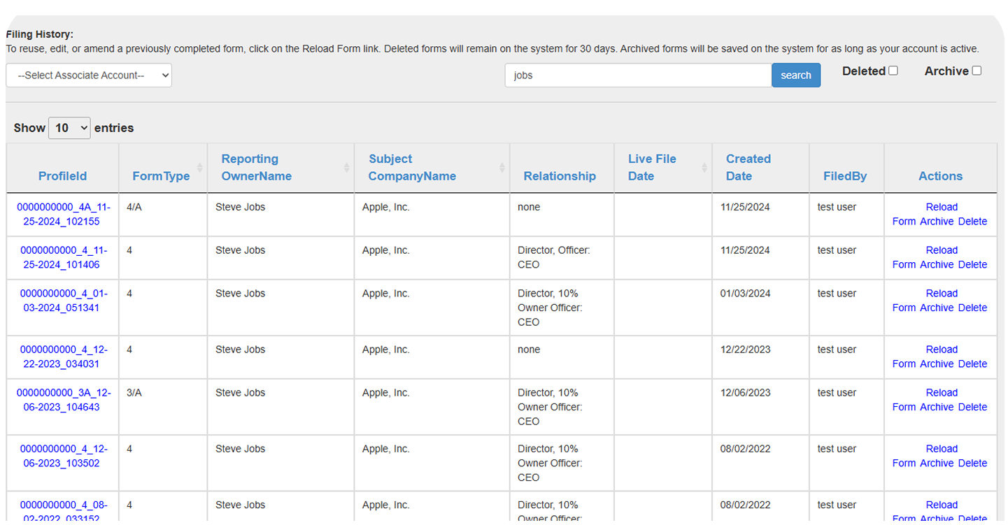 Submission history access table showing forms with search, filter, and action options.
